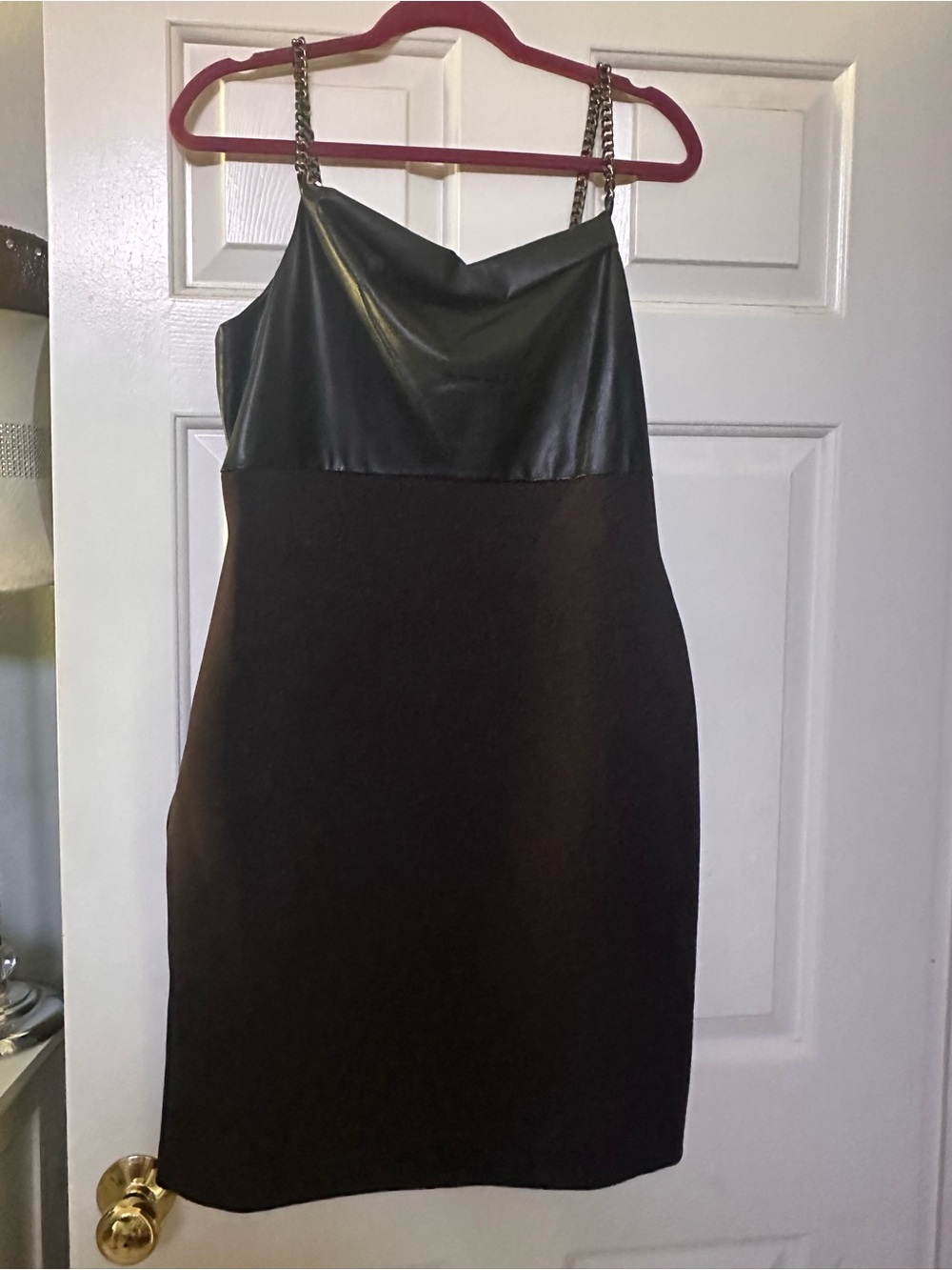 DKNY Black Mini Dress with Faux Leather Bodice and Chain Straps